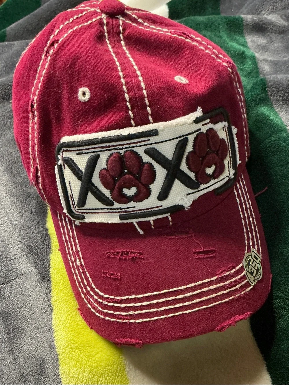 District Red  XOX Paws Distressed Baseball Cap Maroon Burgundy Washed